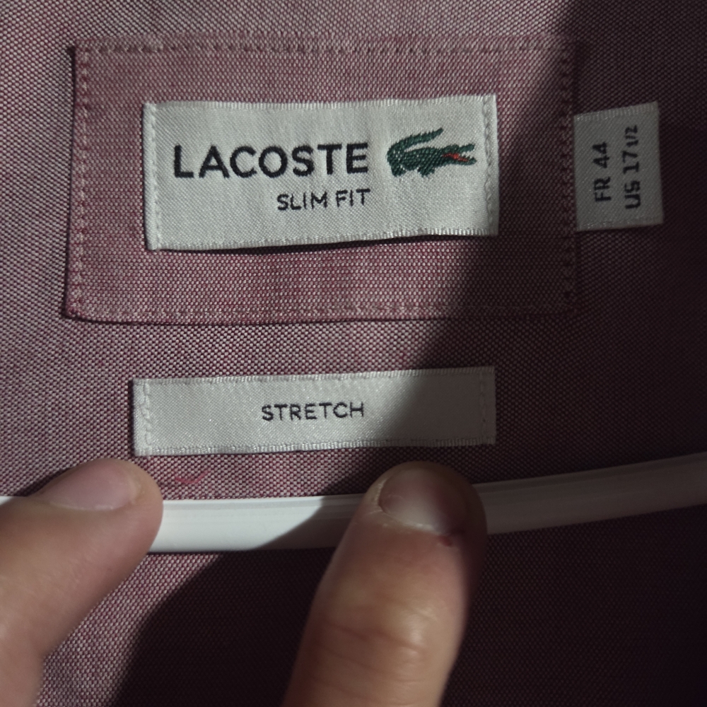 Lacoste Mens Large Slim Fit Stretch Button Up Light Red Acid Wash - Picture 3 of 4